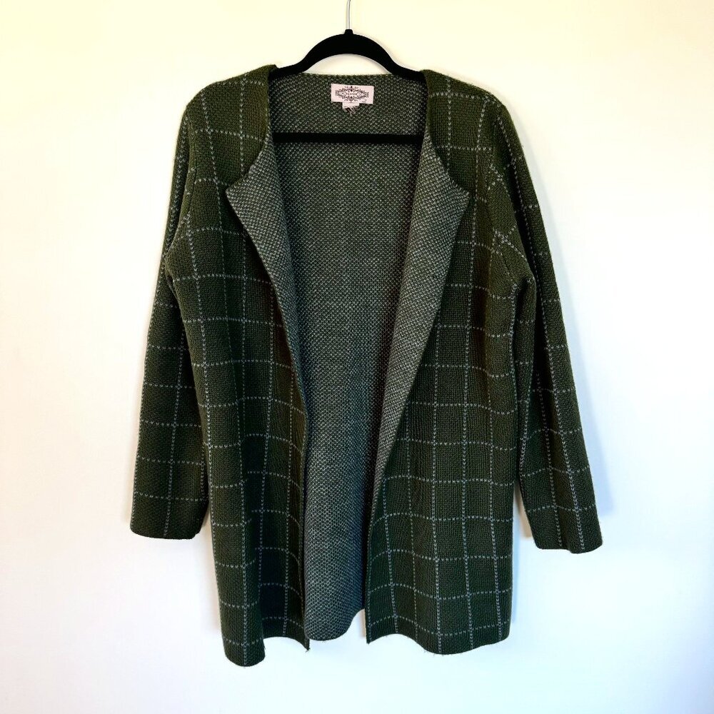 Oliver By Escio AnthropologIe Open Front Long Cardigan Sweater Green Plaid L